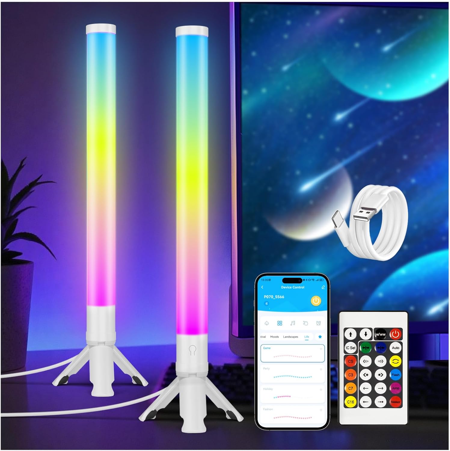 DAYBETTER RGB Light Bar, 360° Smart LED Light Bar for Room, Music Sync Gaming Lights, Color Changing TV Backlight App & Remote Control, Desk Lights Bars for Game Room, White