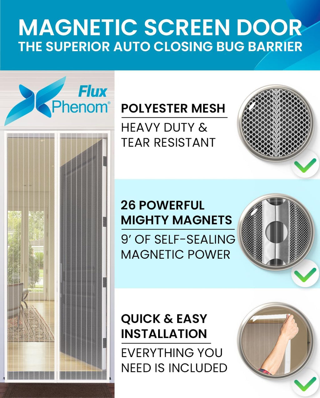 Flux Phenom Magnetic Screen Door Mesh 38x82 Inch – Easy Install, Strong Magnet Strength, Self-Sealing Mesh, Pet Tested, Hands-Free Entry, Door Screen Magnetic Closure, Keeps Bugs Out - White