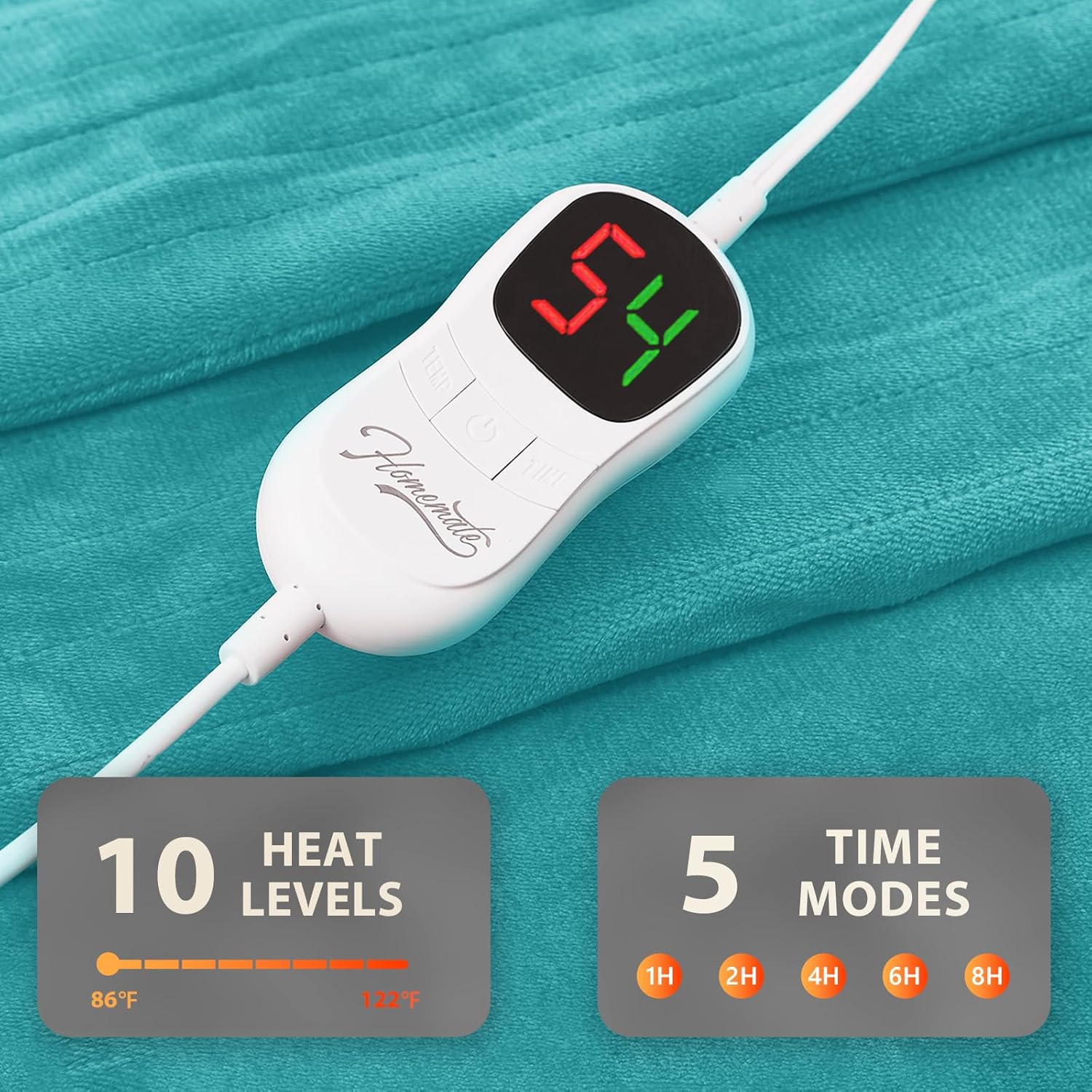 Homemate Electric Heated Blanket Queen Size - 84"x90" Heating Blanket Queen Size Dual Control 1/2/4/6/8 Hours Auto-Off 10 Heat Level Over-Heat Protection Flannel Sherpa ETL Certification