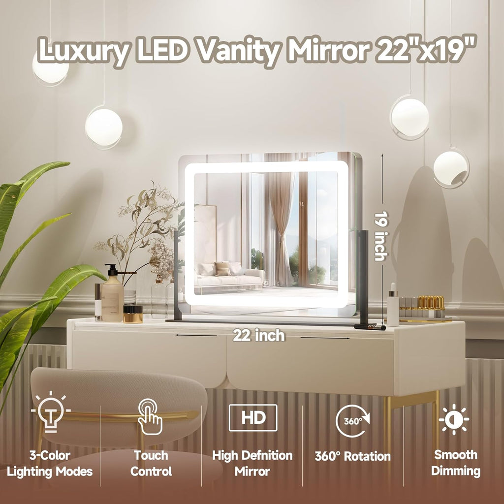PRIMETEK Vanity Mirror with Lights, 22"x19" Large Makeup Mirror with Lights, LED Lighted Hollywood Makeup Mirror, Touch Sensor with 3-Color Lighting, Dimmable for Vanity Desk Tabletop, Bedroom, Black
