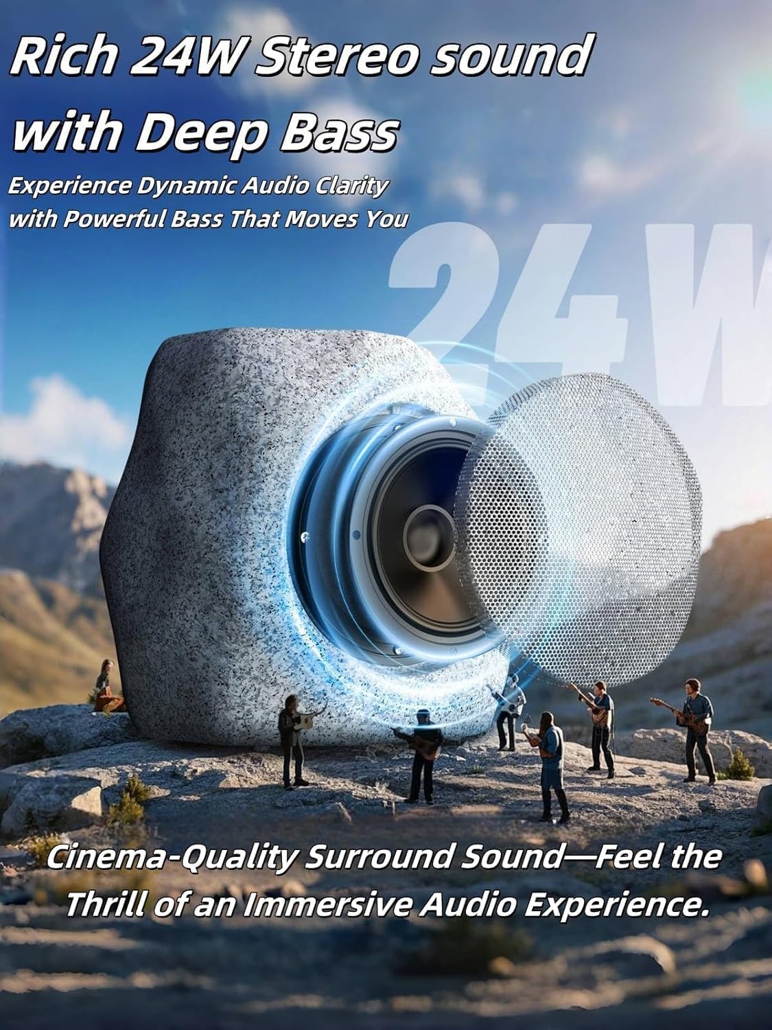 Outdoor Rock Speaker Bluetooth Speakers 48 W Deep Bass (2 Pack) – 16 Hr Playtime, Bluetooth 5.4 TWS Stereo, Aluminum‑Alloy Mesh,IPX5 Waterproof Solar-Powered Speaker Perfect for Pool