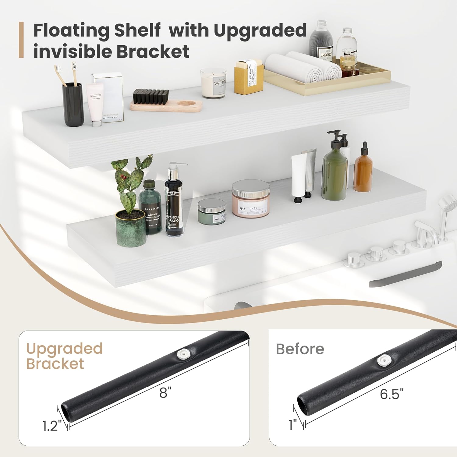 Heimlove 12 Inch Deep Floating Shelves, 12 x 12 inches Long Wall Shelf, Large Extra Display Shelf & Storage Shelf, Rustic Wood Wall Shelves for Fireplace Mantel, White - 2Pack