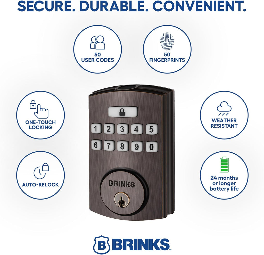 BRINKS Security Door Locks, High-Security Keyless Entry, Smart Electronic Door Lock with Deadbolt, Up to 50 Codes, Automatic Locking (Deadbolt & Passage Lever, Tuscan Bronze)