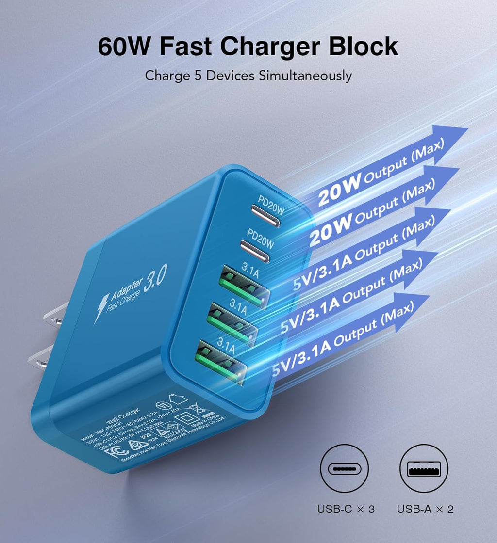 [2-Pack] USB C Wall Charger, 60W Fast USB C Charger Block, 5-Port PD Power Adapter + QC Wall Plug Multiport Type C Charging Block Cube Compatible with iPhone 17 16 15 14 13 12 Pro Max XR XS, Blue