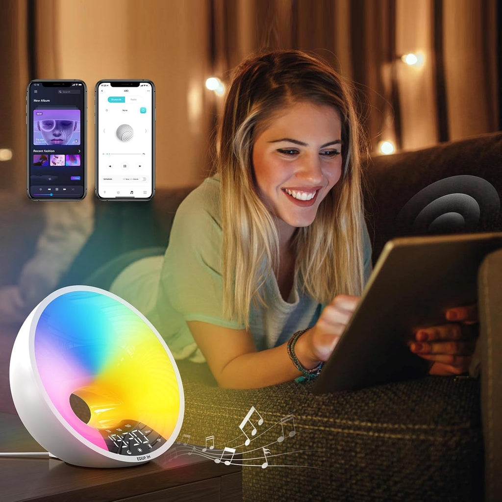 Fafeicy Sunrise Alarm Clock, Wake Up Light with Sunset Simulation 7 Color Changing Night Light Ambient Speaker Phone Charging Dock for Bedroom Dorm Sleep Aid (US Plug 100-240V)