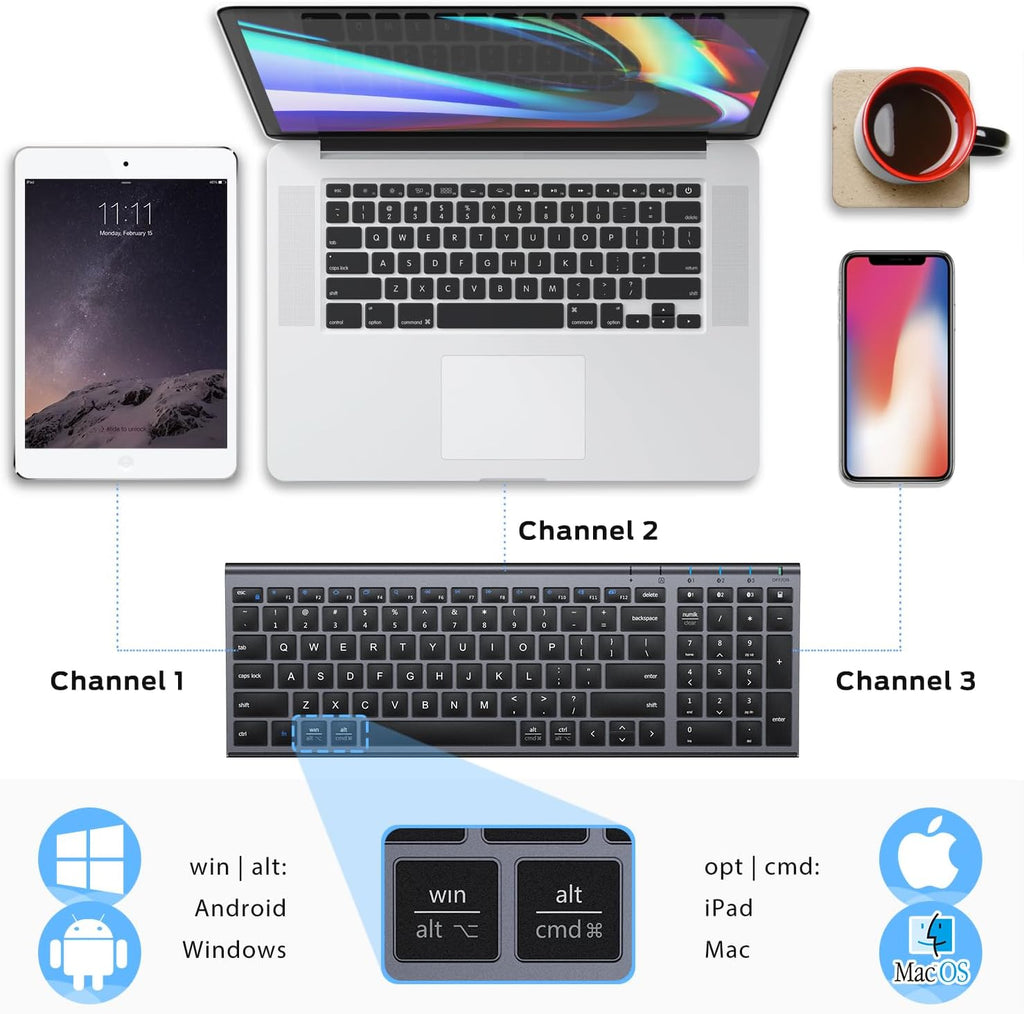 iClever BK10 Bluetooth Keyboard, Wireless Rechargeable Ultra-Slim Keyboard with Long Battery Life, Compatible with iOS, Android, Windows, Mac for iPad, Tablet, Laptop, PC, Phone (Gray Black)