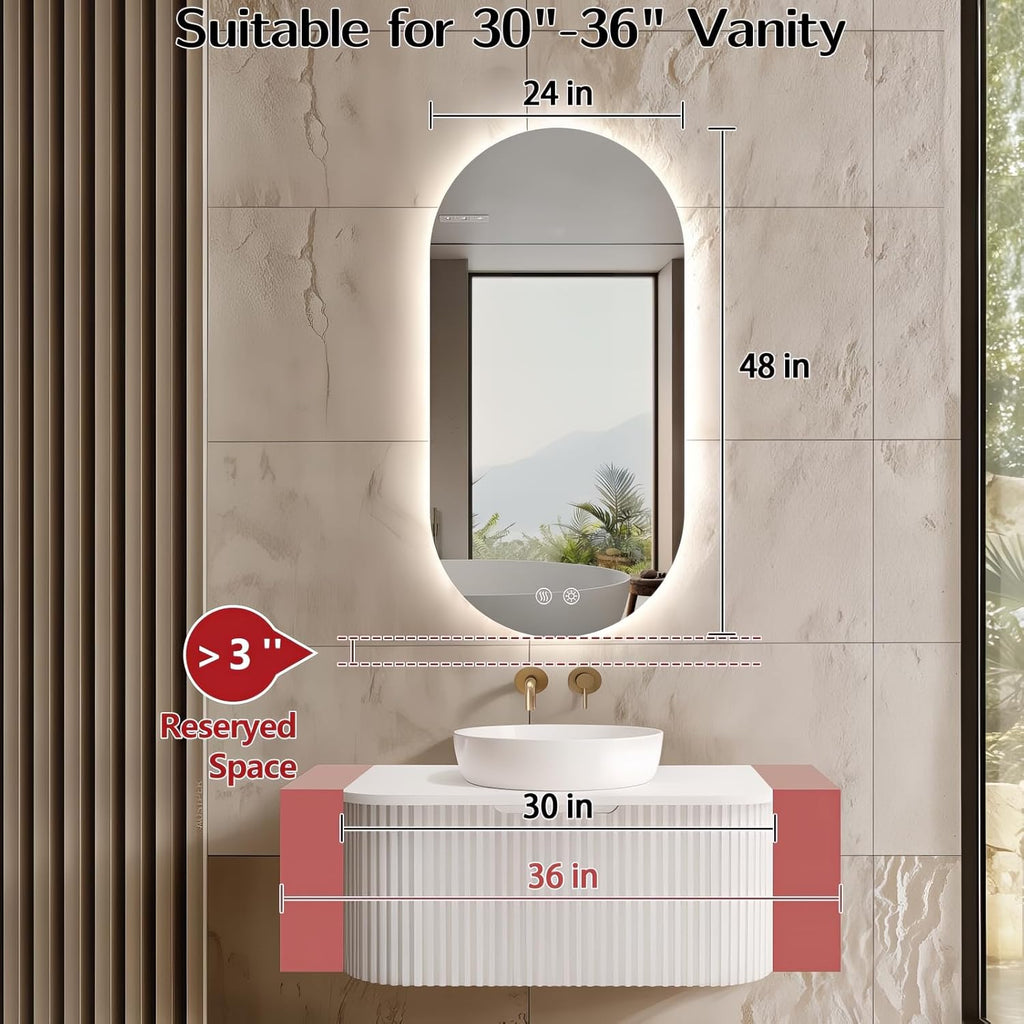48"x24" Oval Led Mirror for Bathroom, Frameless Vanity Mirror with Lights, Modern Lighted Bathroom Mirror Wall Mounted, Anti Fog Smart Mirror with 3 Colors Dimmable, Vertical/Horizontal