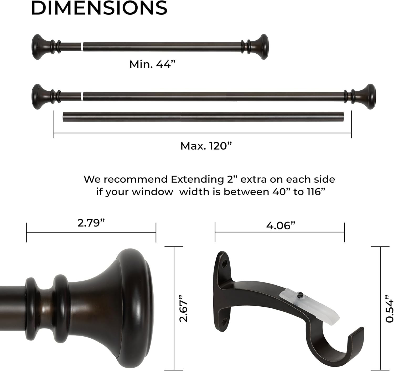 Deco Window Adjustable Curtain Rod for Windows 44 to 120 Inch Extendable Heavy Duty 1 Inch Iron Drapery Pole with Vaso Finials Wall Mounted French Door Curtain Rods (Pack of 1, Imperial Bronze)