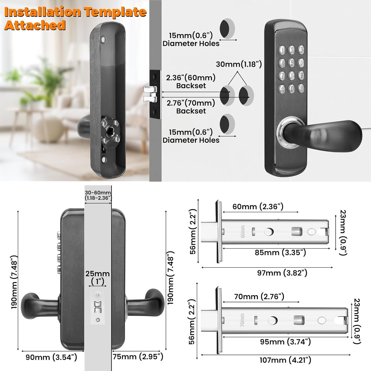 Stainless Steel Mechanical Keypad Entry Door Handle Lock,Commercial Keyless Push Button Code Door Lever,Single-Sided Combination &Interior Non-locking,Exterior Auto-Lock,For Outdoor,Matte Black