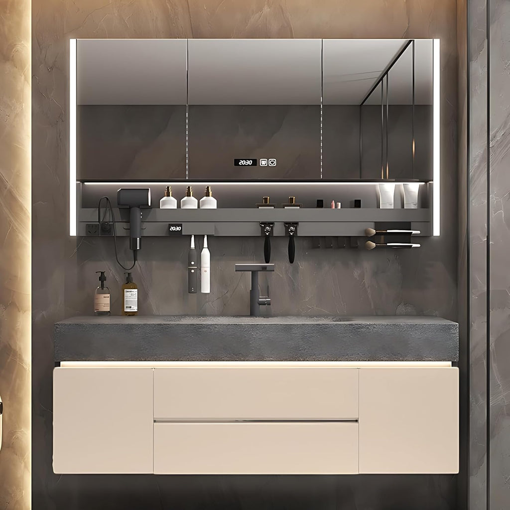 Modern Bathroom Vanity – Cabinet Set with LED Smart Defogging Mirror & Time Display | Bathroom Vanity with Sink, Large Space Storage with Easy Installation, 2 Drawers (Cream, 44IN)