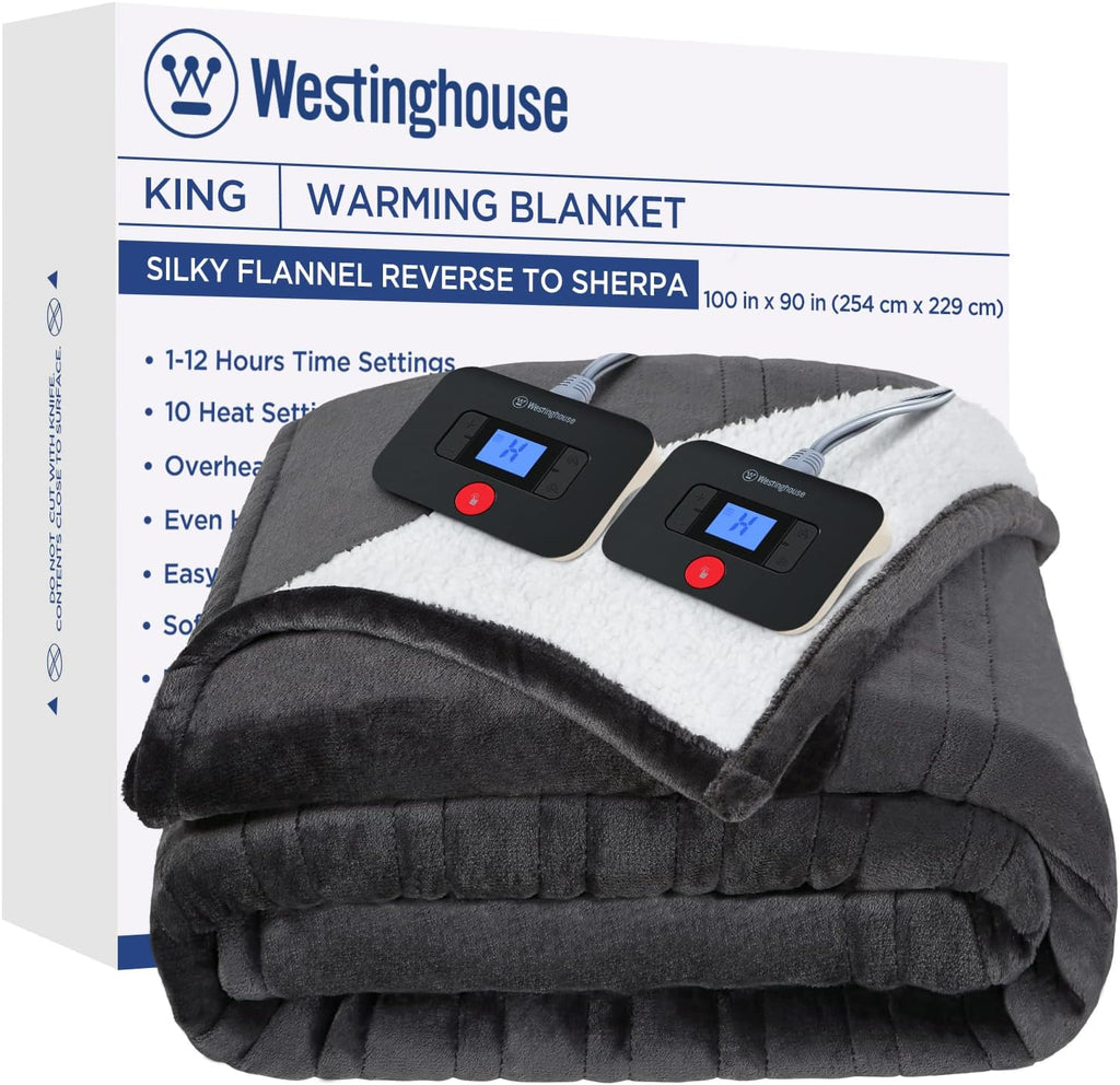 Westinghouse Electric Blanket King, Heated Blanket King Size with 10 Heating Levels and 1 to 12 Hours Heating Time Settings, Flannel to Sherpa Reversible, Machine Washable (90" x 100", Charcoal)