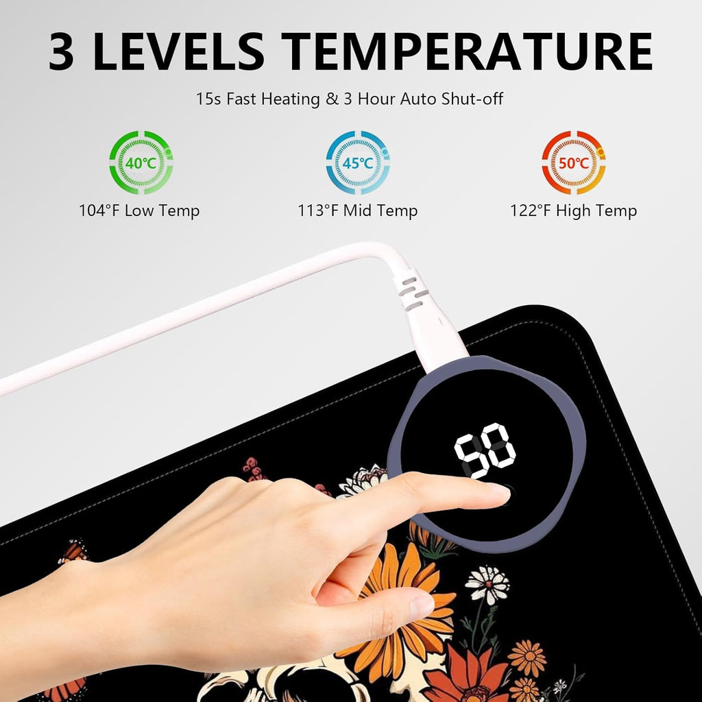Heated Mouse Pad with 3 Levels Heated & 3 Hours Auto Shut-Off Mouse Pad for Warming Hands in Office Home, 31.5" x 13"Large Safe Desk Mat Hand Warmer，Art Skull