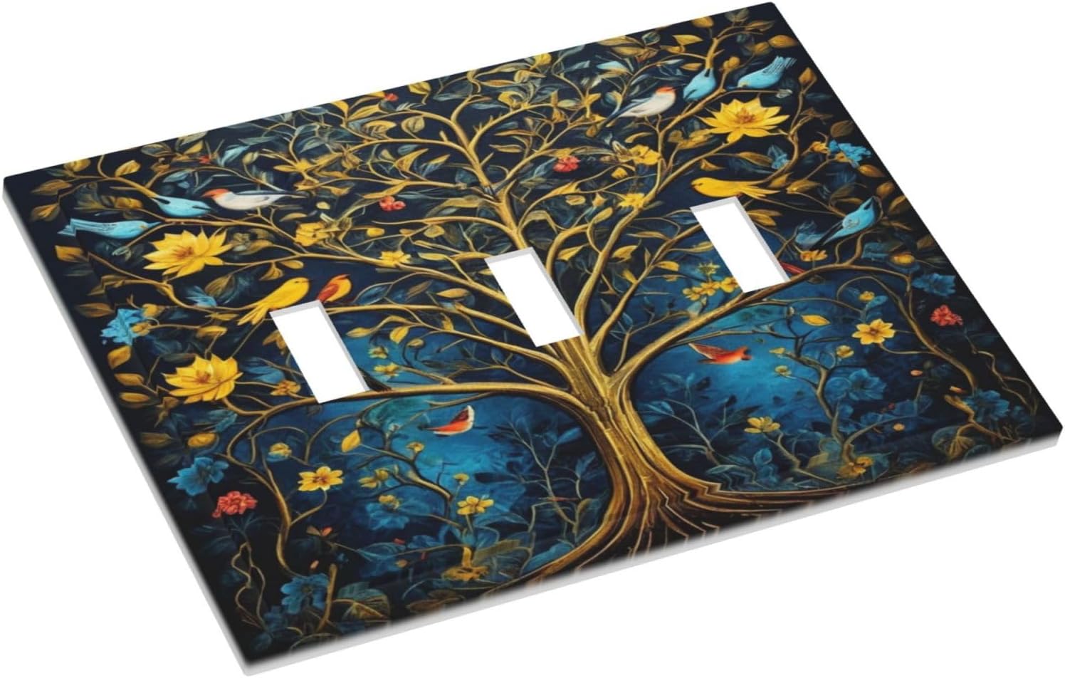 Gold Tree With Birds Flowers on Branches Light Switch Covers 3 Gang Triple Toggle Wall Plate Decorative Switchplate Electrical Faceplate for Farmhouse Living Decor