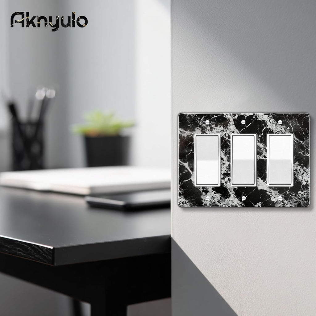 Black White Marble Pattern Acrylic Shiny Silver Wall Plate Triple Toggle Outlet Covers Decorative Switch Cover