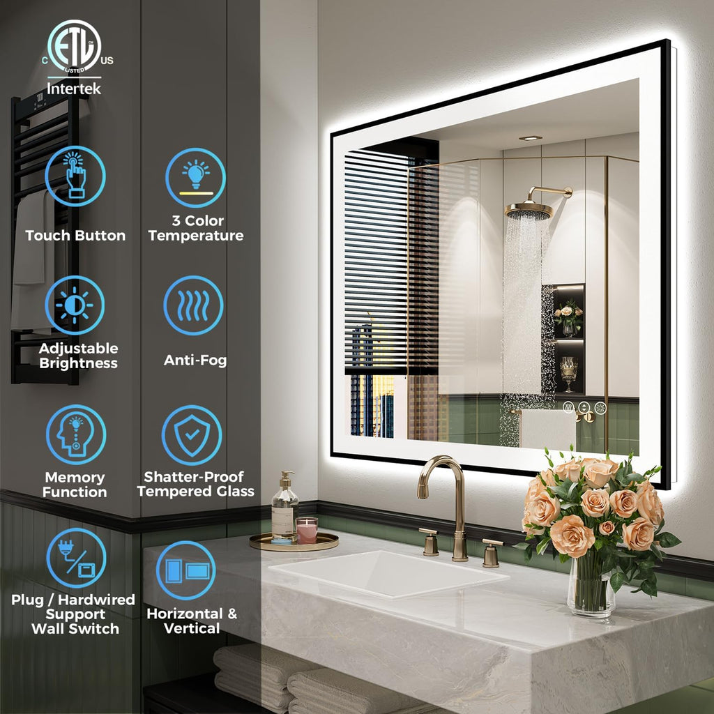 24x36 Inch LED Bathroom Mirror with Lights (Front Lit and Backlit) Black Framed Lighted Vanity Mirror for Bathroom Wall Dimmable Anti-Fog Memory Tempered Glass Horizontal/Vertical