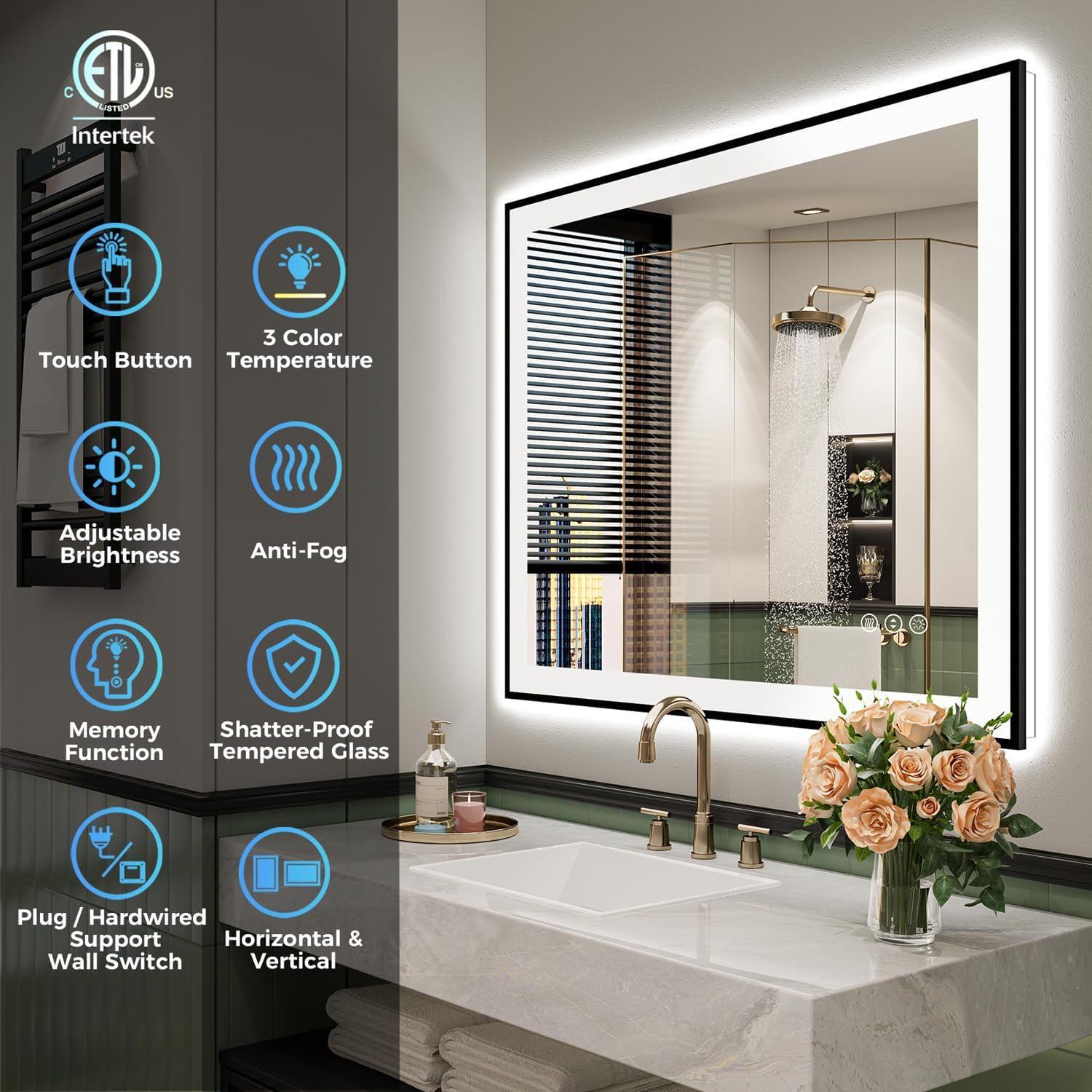 24x36 Inch LED Bathroom Mirror with Lights (Front Lit and Backlit) Black Framed Lighted Vanity Mirror for Bathroom Wall Dimmable Anti-Fog Memory Tempered Glass Horizontal/Vertical