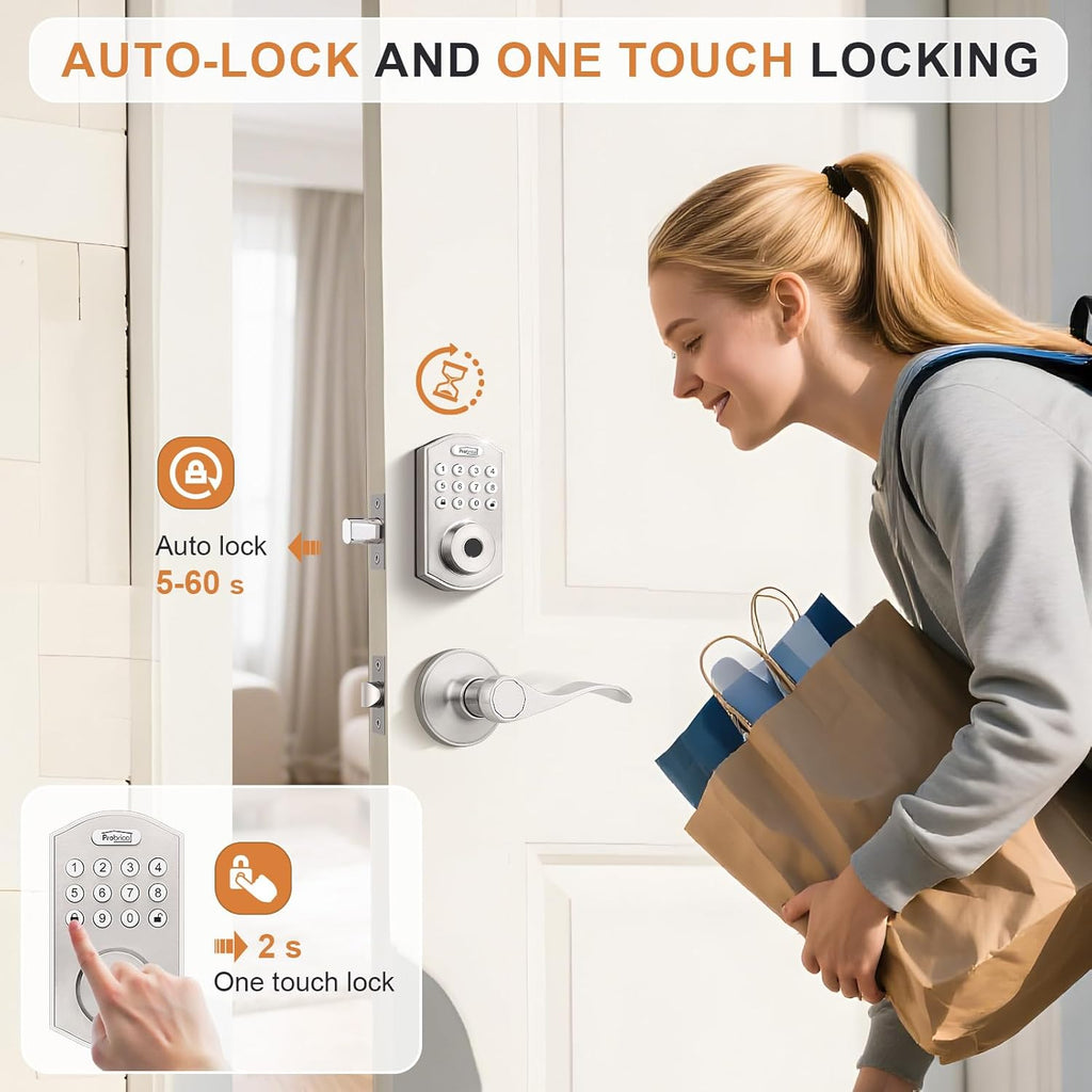 Probrico Smart Door Lock Satin Nickel Keyless Entry Door Lock, Keypad Door Lock with Handle Fingerprint Deadbolt Handle Set