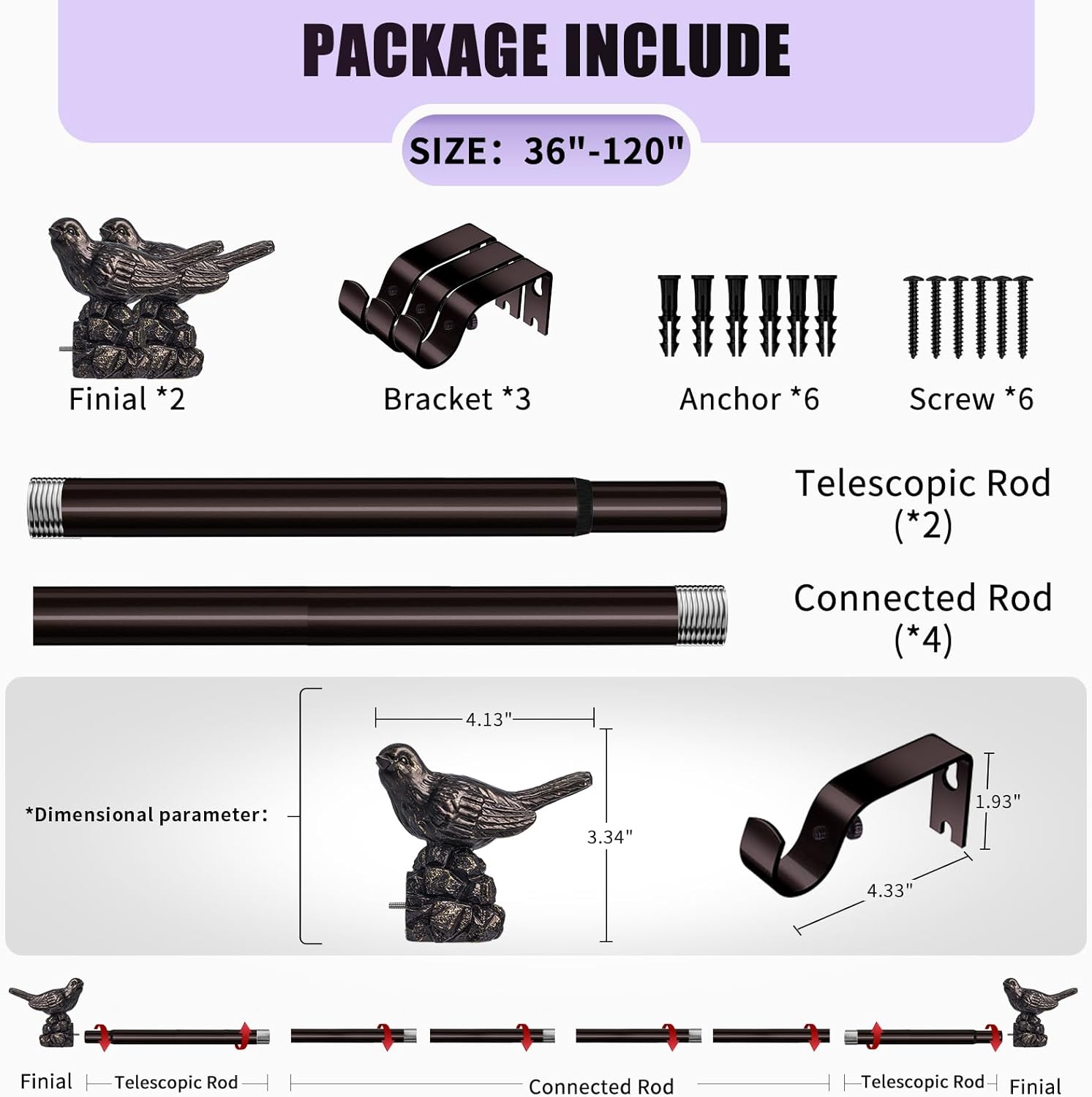 Curtain Rods 36"-120" Vintage Oil Bronze Curtain Rods for Windows Adjustable Drapery Rod with Bird Finials Heavy Duty Brown Curtains Rod for Living Room Bedroom