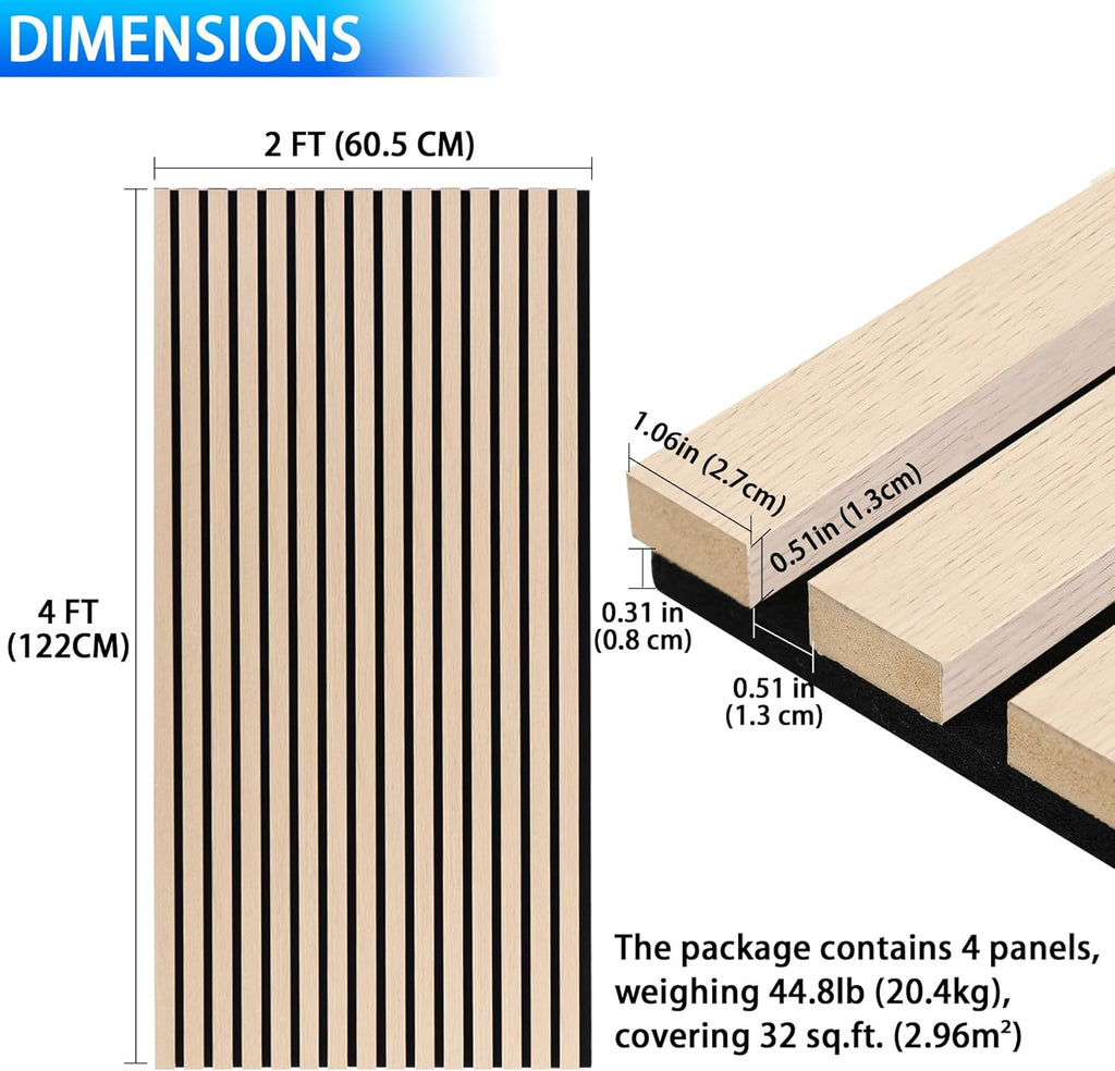 3D Slat Acoustic Wall Panels with Wood Finish Accent, 4 Pack Sound Absorbing Paneling for Studio, Office, Living Room, Bedroom Interior Decor (Natural Oak, 48''L x 24''W)