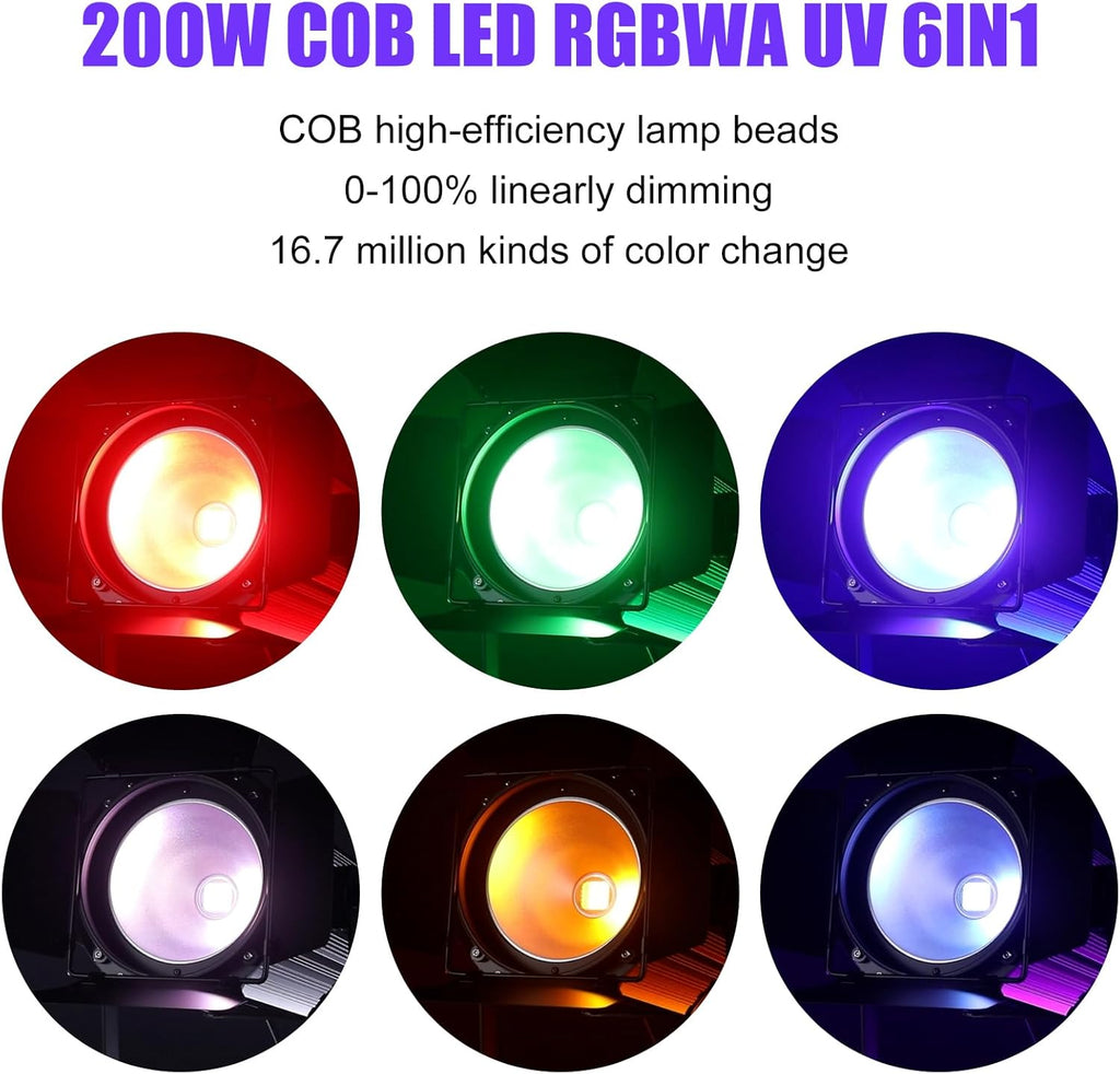 COB Stage Lights with Barn Doors, COB Par Light 200W LED RGBWAUV DMX512 Master-Slave Sound DJ Lighting Spotlight Fresnel for Church Concert Wedding (6-Colors Style, 2)