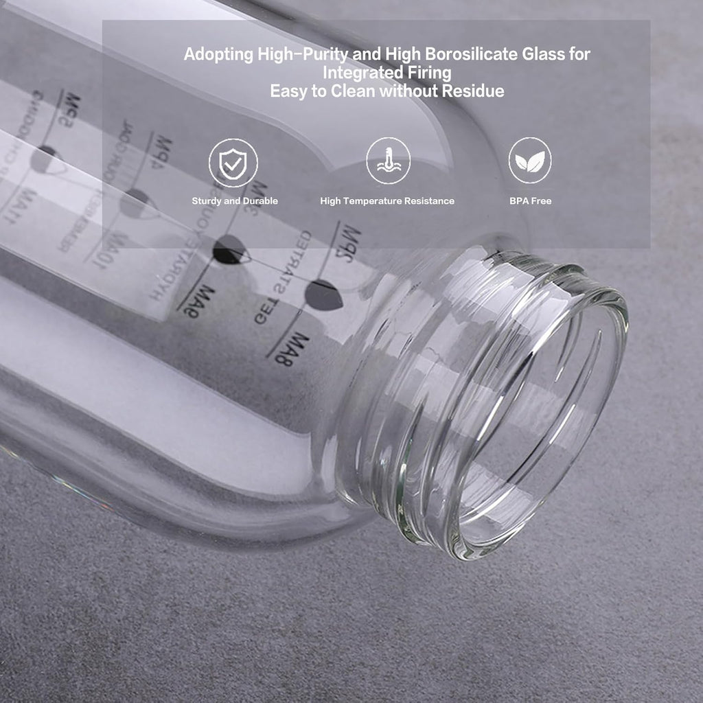 2 Liter Large Glass Water Bottle with Motivational Daily Water Intake Marks,Drinking Bottle,64 oz Resuable Wide Mouth Glass Bottles with Handle Sleeve, BPA Free for Gym/Office (Slivery Lid)