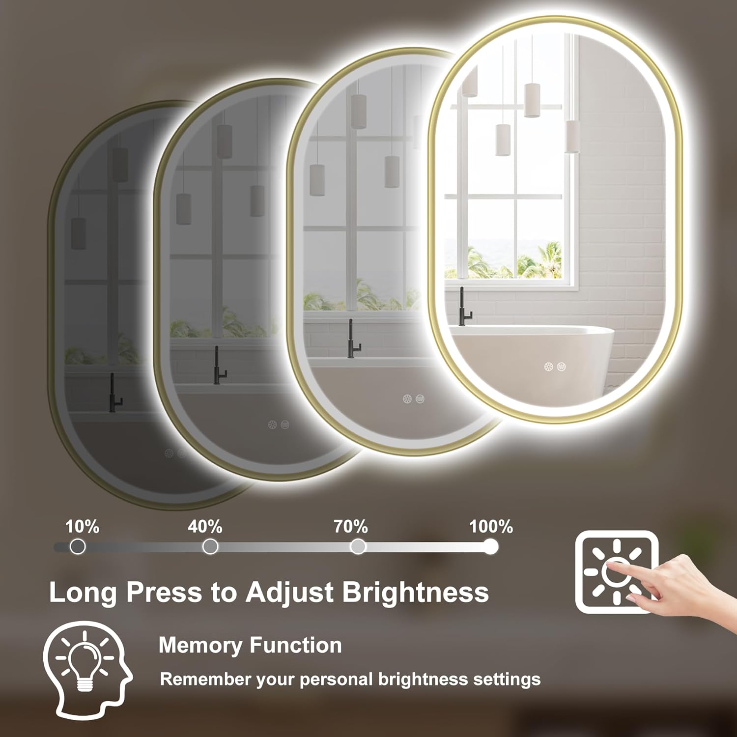 S'bagno Oval-Led-Bathroom-Mirror with Golden Frame Dimmable Brightness, Lghted-Bathroom-Mirror with Defogger, Touch-Buttons, Lights Color Changing, Vertical and Horizontal