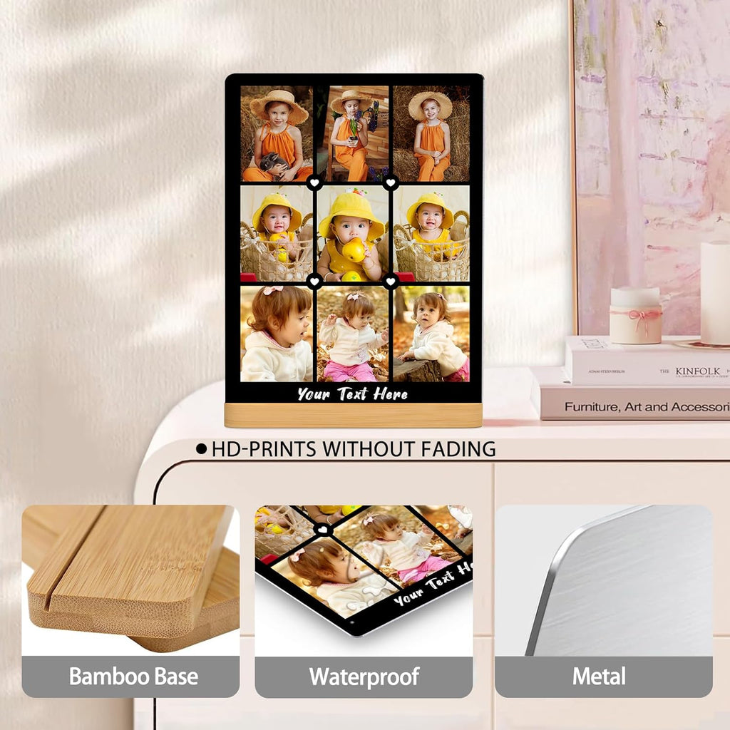 Custom Photo Prints - Metal Desktop Picture Frame with Photos Collage & Wooden Base Personalized Gifts for Family Friends Lovers and Pets, Optional Multiple Sizes
