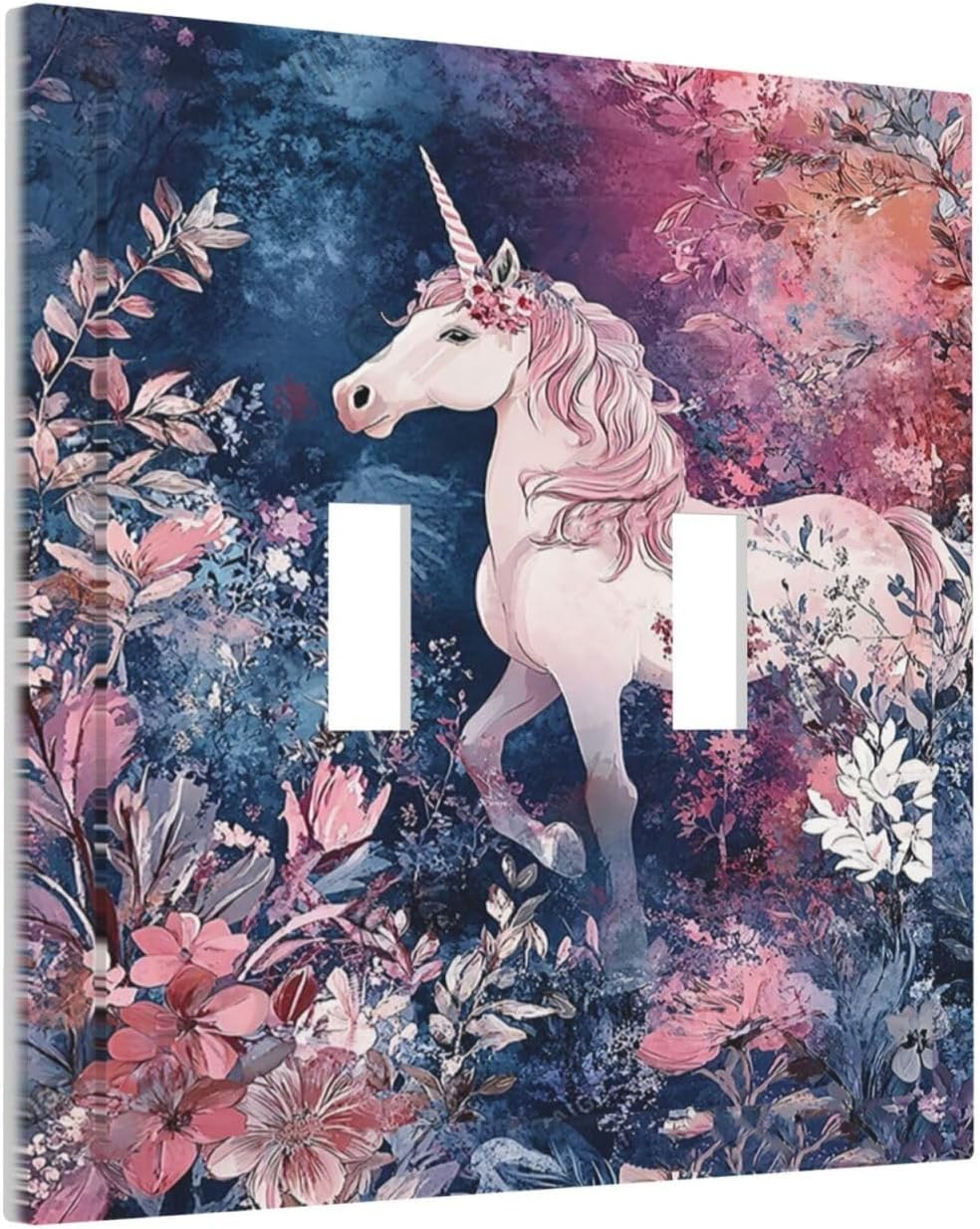 Decorative Switch Plate Covers Fantastic Pink Unicorn Wildflower Forest 2 Gang Double Toggle Light Switch Cover Plate Electrical Wall Plate Outlet Cover for Bedroom Kids room Decor