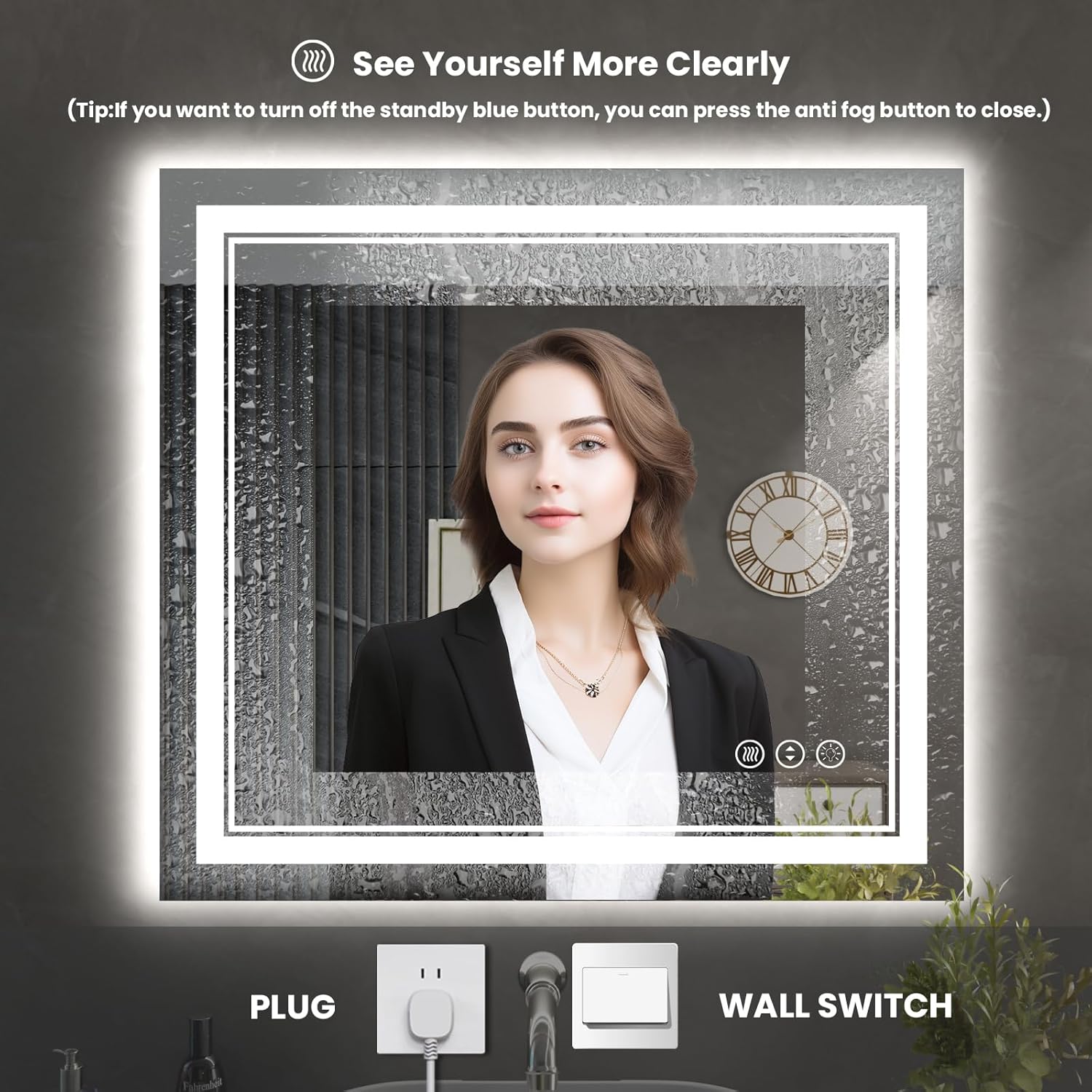 40 x 38 Inch LED Bathroom Mirror, Front Light and Backlit Anti-Fog Dimmable Memory Lighted Vanity Mirror, Shatterproof Wall-Mounted Led Mirror for Bathroom