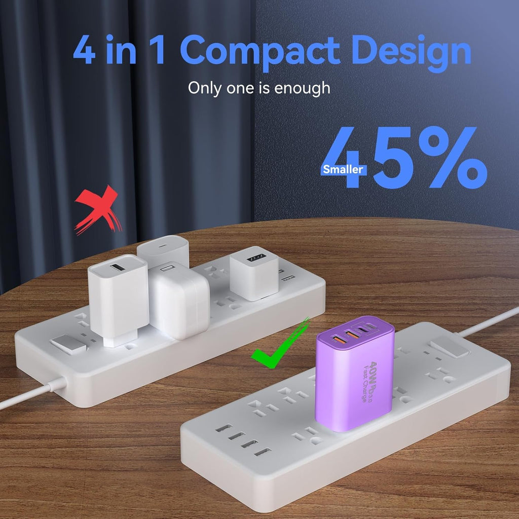 USB C Wall Fast Charger Block, 40W 4-Port Type C Chargers Fast Charging Blocks PD Power Charger Adapter+QC 3.0 USB Multiport Charger Brick for Phone 17/16/15/14/13/12 Pro Max, i-Pad, Galaxy S25-2Pack