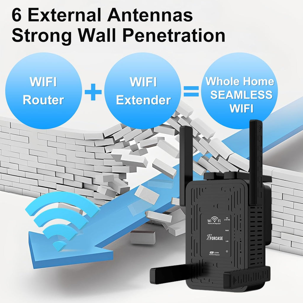 WiFi Extender Signal Booster Dual Band 5.8GHz&2.4GHz, w/6 Antennas WiFi Booster for Home Coverage up to 10200 Sq.ft, Signal Amplifier 1200Mbps WiFi Repeater w/Ethernet Port, 1-Tap Setup,Black