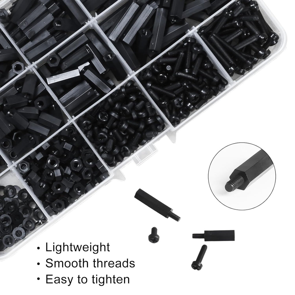600PCS M3 Male Female Nylon Hex Spacer Standoffs Screws Nuts, Motherboard Standoffs and Screws Assortment Kit, Threaded Pillar for Circuit Board PCB Motherboard (Black)