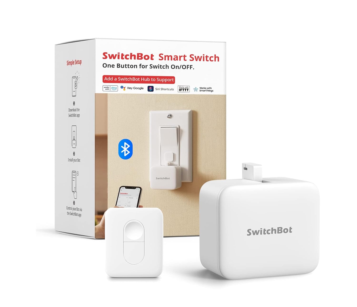 SwitchBot Smart Switch Button Pusher with Remote- Bluetooth Fingerbot for Rocker Switch/One-Way Button, Automatic Light Switch, Timer and APP Control, Works with Alexa When Paired with SwitchBot Hub