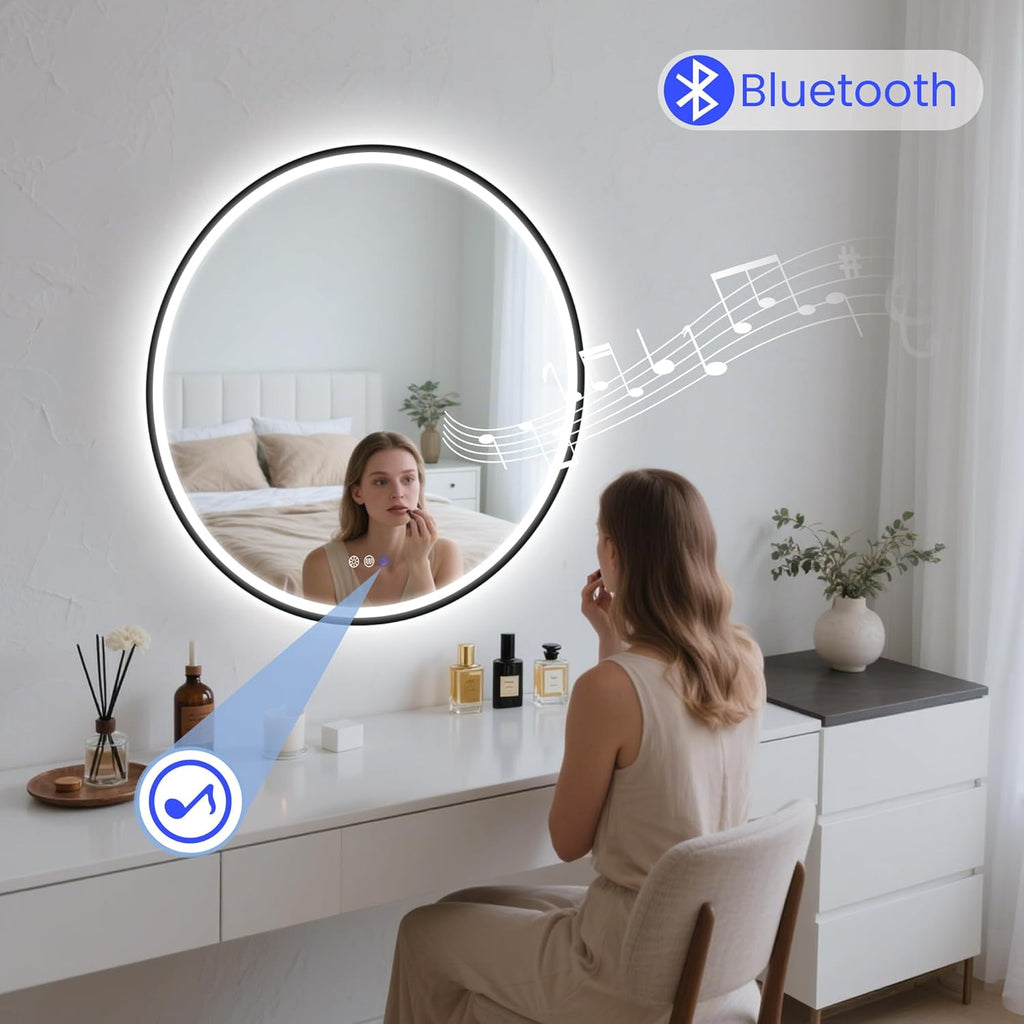 STARLEAD LED-Bathroom-Mirror-with-Lights, 24" Wall-Mounted with Bluetooth Speaker, Anti-Fog, 3 Color Temperature Dimmable Brightness, Waterproof, Frontlit & Backlit, Black Frameless Round
