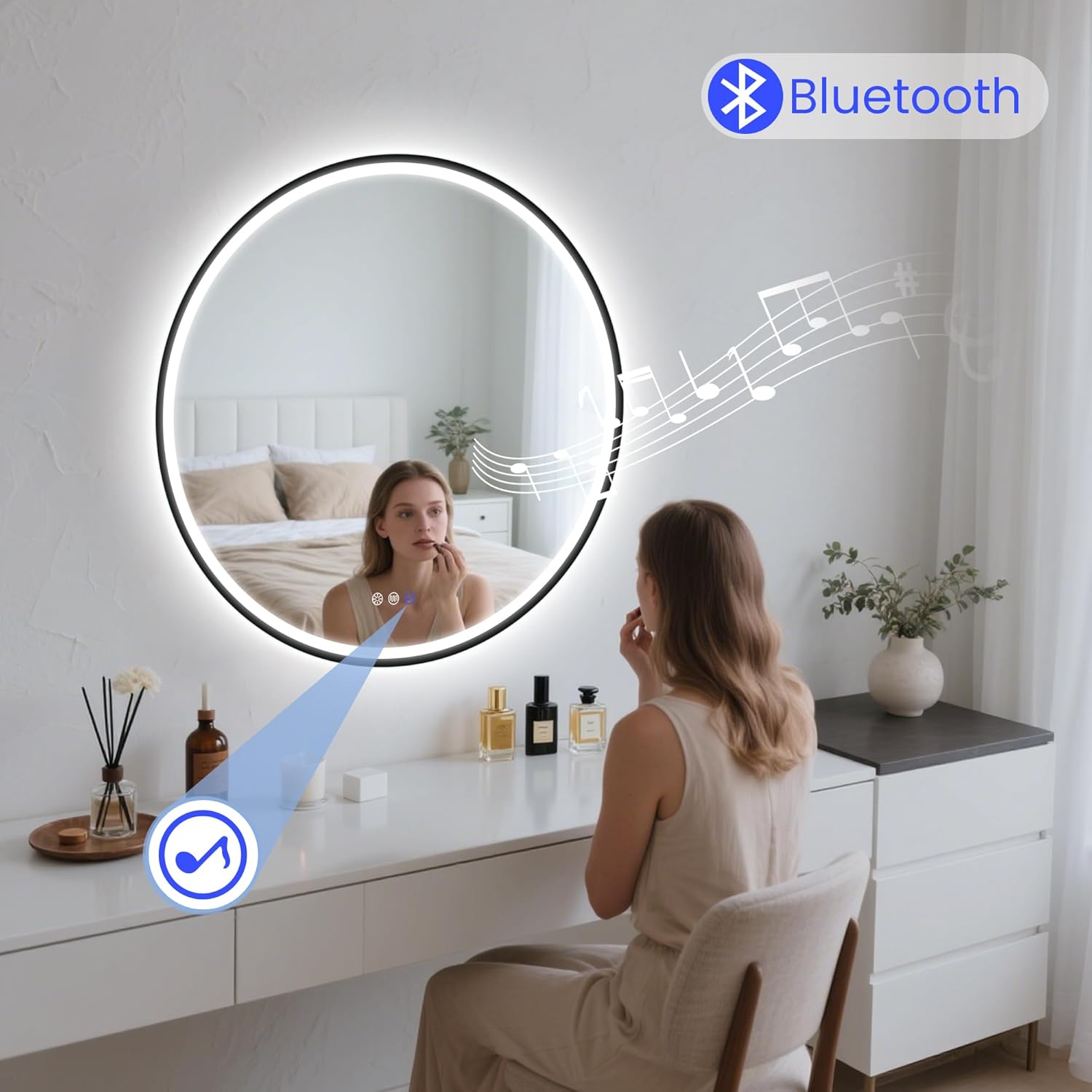 STARLEAD 32" LED-Bathroom-Mirror-with-Lights, Wall-Mounted with Bluetooth, Anti-Fog, 3 Color Temperature Dimmable Brightness, Waterproof, Tempered Glass, Frontlit & Backlit, Black Frameless Round