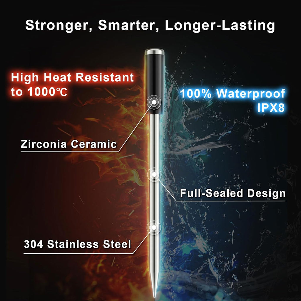 Smart Bluetooth Wireless Meat Thermometer with Display Base, NIST ±0.5°F Accuracy, 1000°F Heat-Resistant Ultra-Thin Probe, Long-Range 10X Sub-1G Signal, WiFi Range for BBQ, Grill, Oven & Smoker–Grey