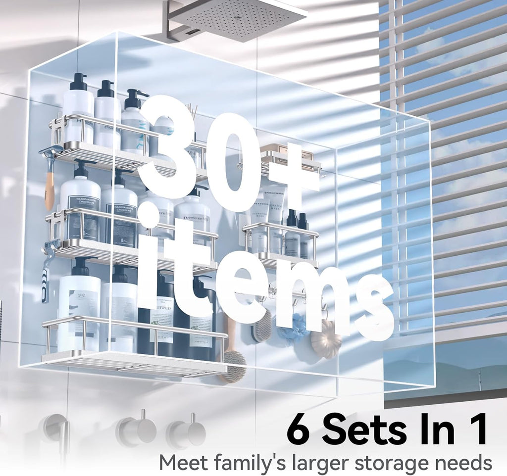YASONIC Shower Caddy, 6 Pack Large Capacity Bath Organizer with Soap Holder and 12 Hooks, Rustproof Bathroom Shelves for Inside Shower, No Drilling&Sleek Bathroom Organizers and Storage Silver