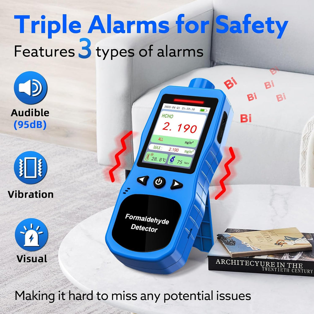 Formaldehyde Detector, Rechargeable HCHO Monitor with Vibration, Visual & Sound Alarms, Temperature Humidity Meter, Formaldehyde Air Quality Tester for Home, Work