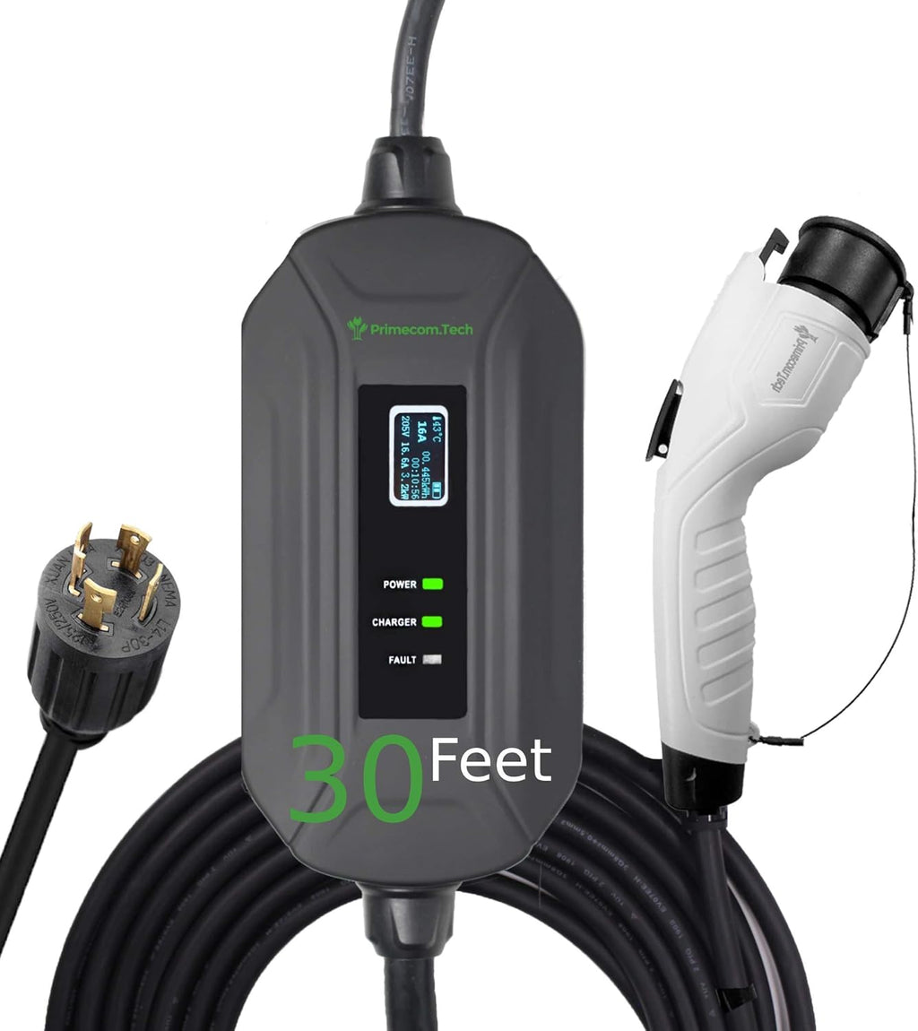 PRIMECOM Level 2 Electric Vehicle (EV) Charger (220V / 240Volt, 16Amp) Portable EVSE Smart Electric Car Charger, 30', 40', and 50 Feet Lengths (NEMA L14-30P, 30 Feet)