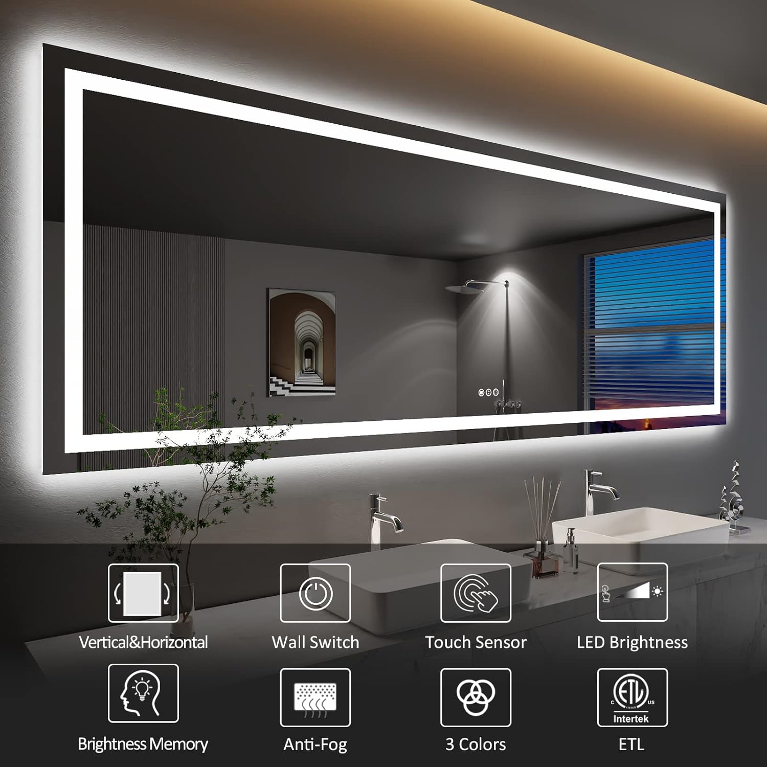 Amorho LED Bathroom Mirror, 88" X38" with Front Light and Backlit, Stepless Dimmable Wall Mirrors with Anti-Fog, Shatter-Proof, Memory, 3 Colors, Double LED Vanity Mirror