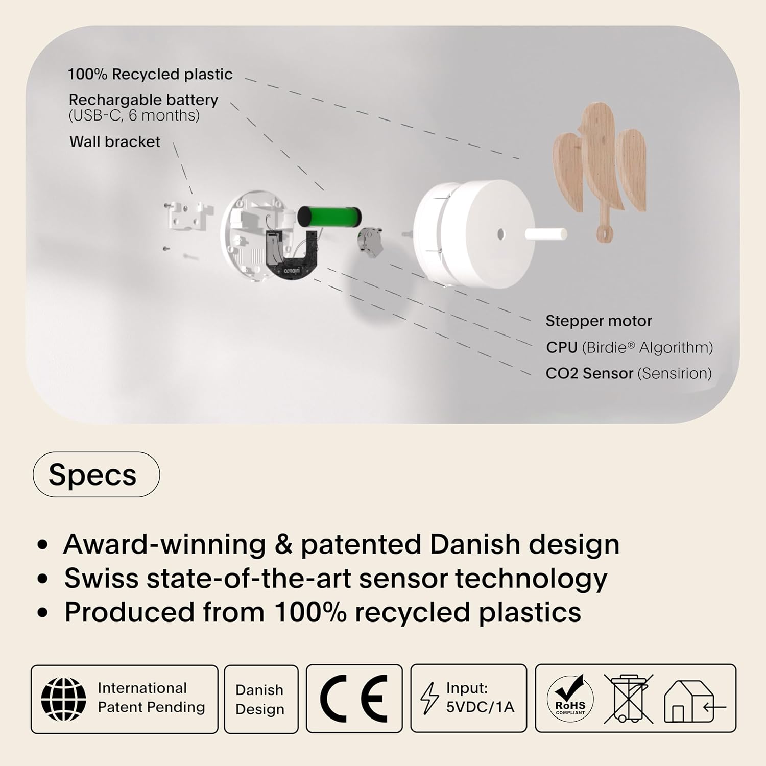 Birdie 2.0 - Design Indoor CO2 Monitor - Air Quality Meter for Home & Office - Promotes Mental & Physical Health - Modern Interior Decor - Reducing Health Risks with Clean Air (Wood, FullBirdie)