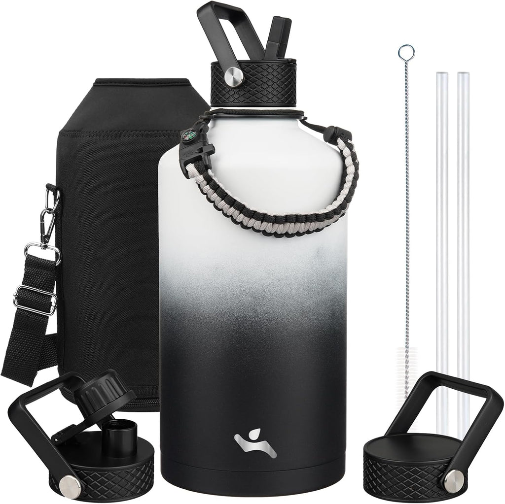 Gallon Insulated Water Bottle with Straw,128 oz 3 Lids Water Jug with Carrying Bag,Paracord Handle, Double Wall Vacuum Stainless Steel Metal Flask,Day Night