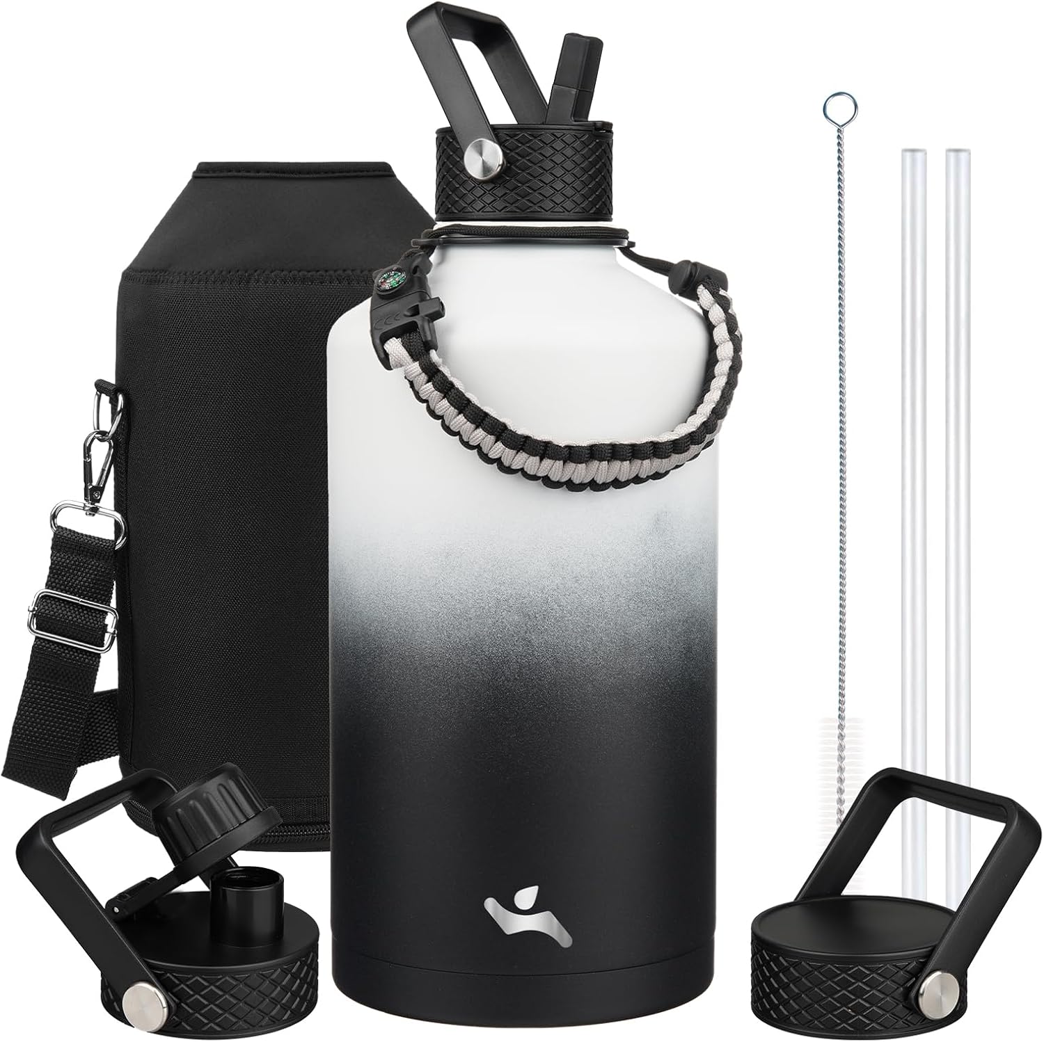 Gallon Insulated Water Bottle with Straw,128 oz 3 Lids Water Jug with Carrying Bag,Paracord Handle, Double Wall Vacuum Stainless Steel Metal Flask,Day Night