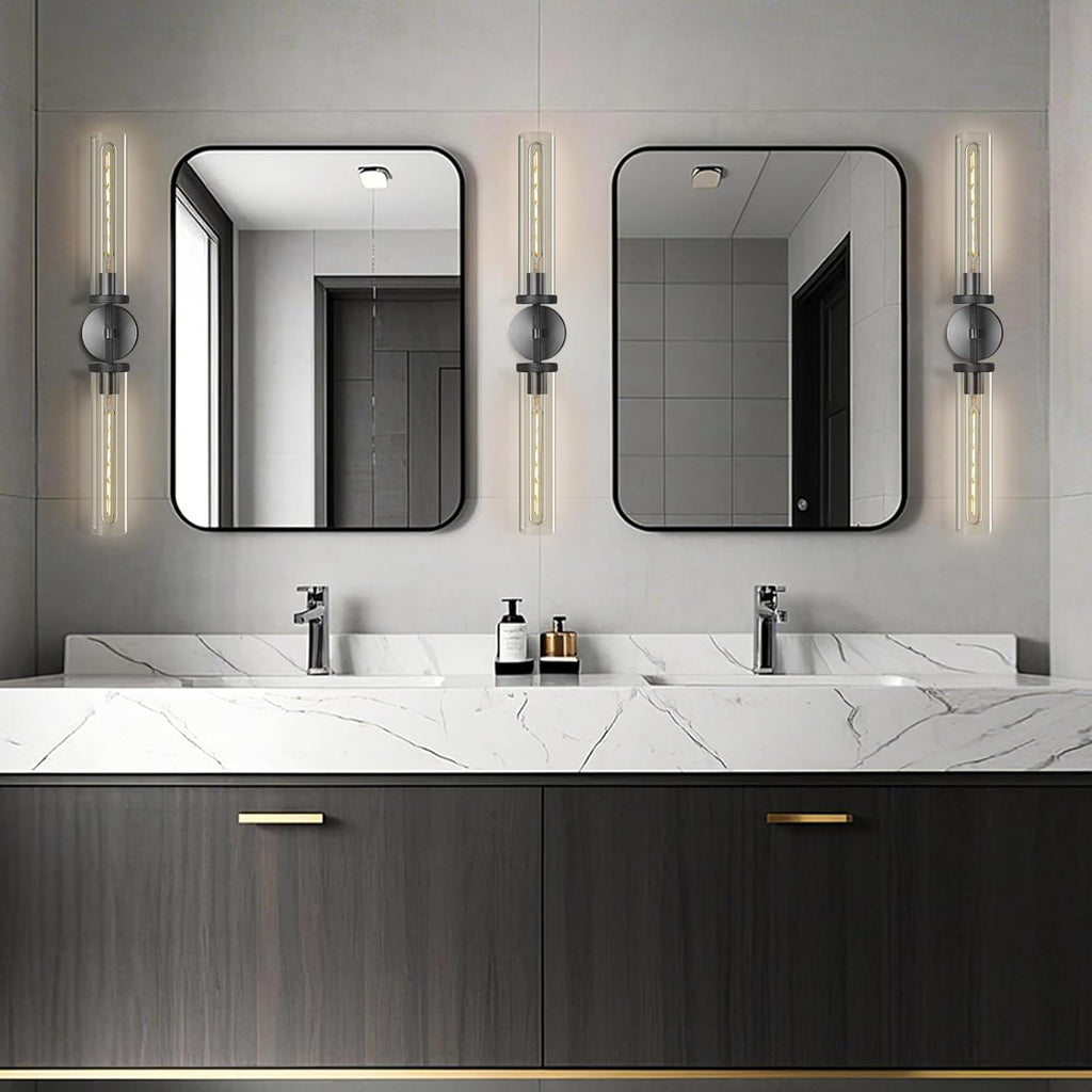 Black Wall Sconce, 30" Modern Knurled Wall Lighting with 2 Clear Glass Tubes, Double Vanity Light Fixture, Bathroom Wall Lamp, Bedroom, Living Room, Hallway Lighting, Hardwired (Including Bulb)