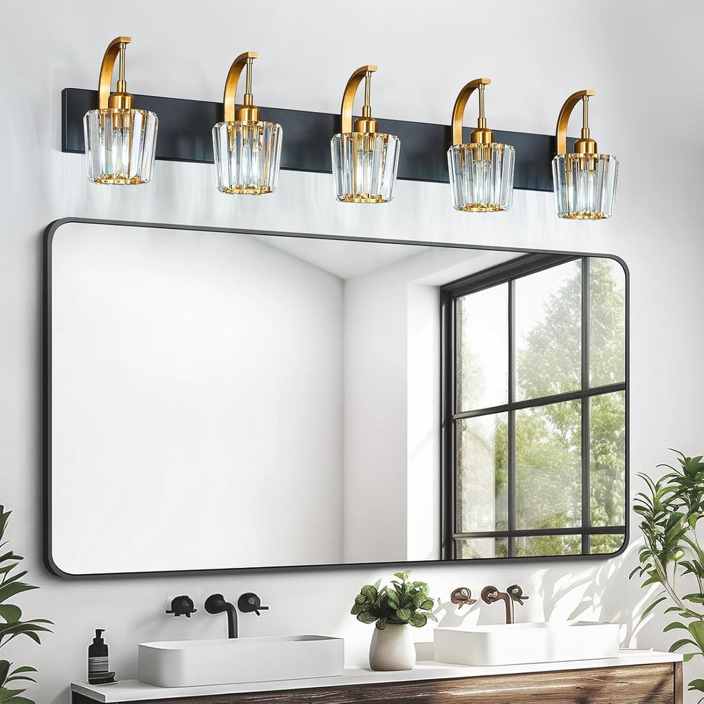 Modern Bathroom Vanity Light, 5-Light Black Gold Wall Sconce with Crystal Accents, Over Mirror Bathroom Lighting Fixture, 42.52" Long Dimmable Vanity Lamp for Makeup, Easy Installation