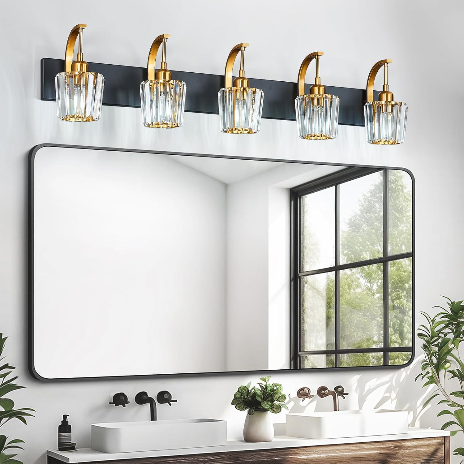 Modern Bathroom Vanity Light, 5-Light Black Gold Wall Sconce with Crystal Accents, Over Mirror Bathroom Lighting Fixture, 42.52" Long Dimmable Vanity Lamp for Makeup, Easy Installation