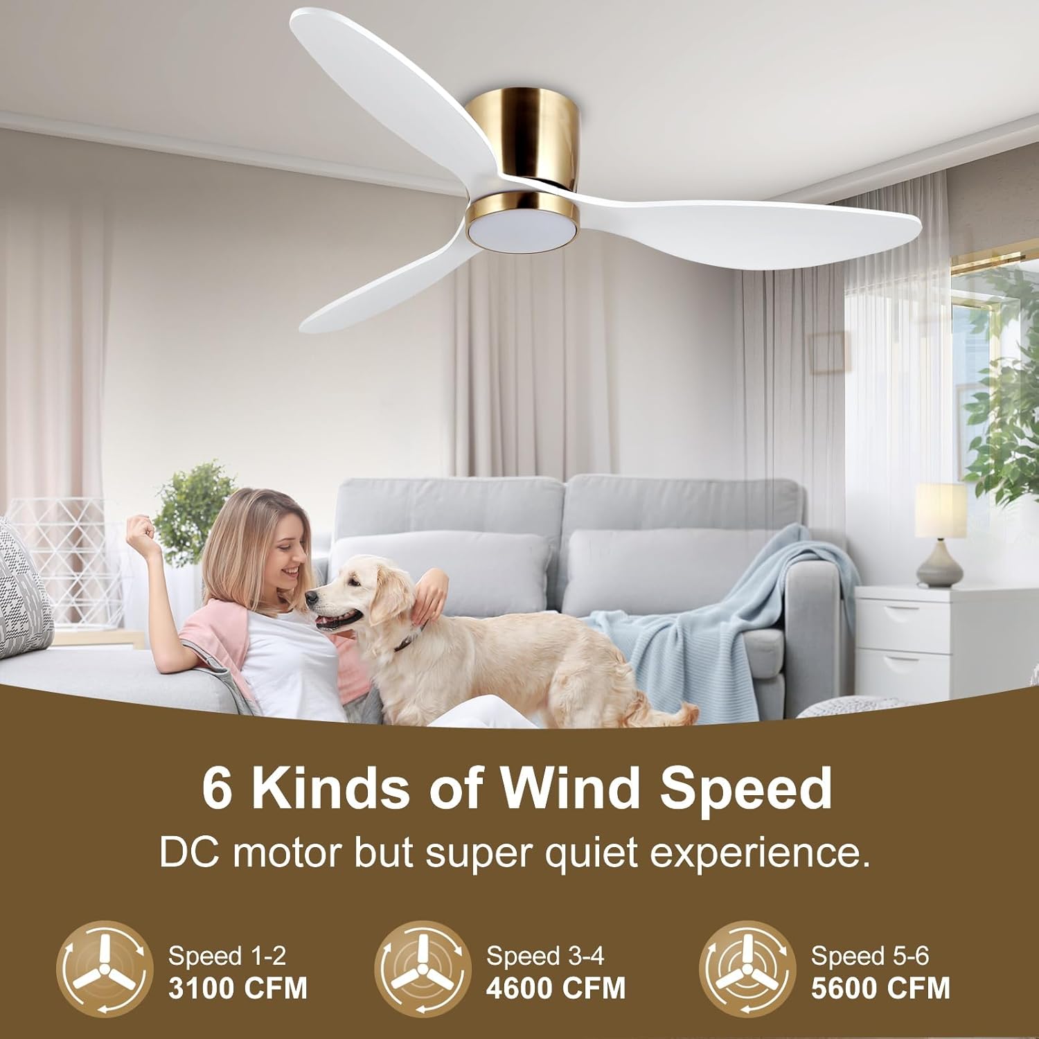 reiga 52 Inch Flush Mount White Ceiling Fan with Light Remote Control, Quiet DC Motor Low Profile 3 Wood Blade Modern Ceiling Fans for Patio Kitchen Living Room Bedroom