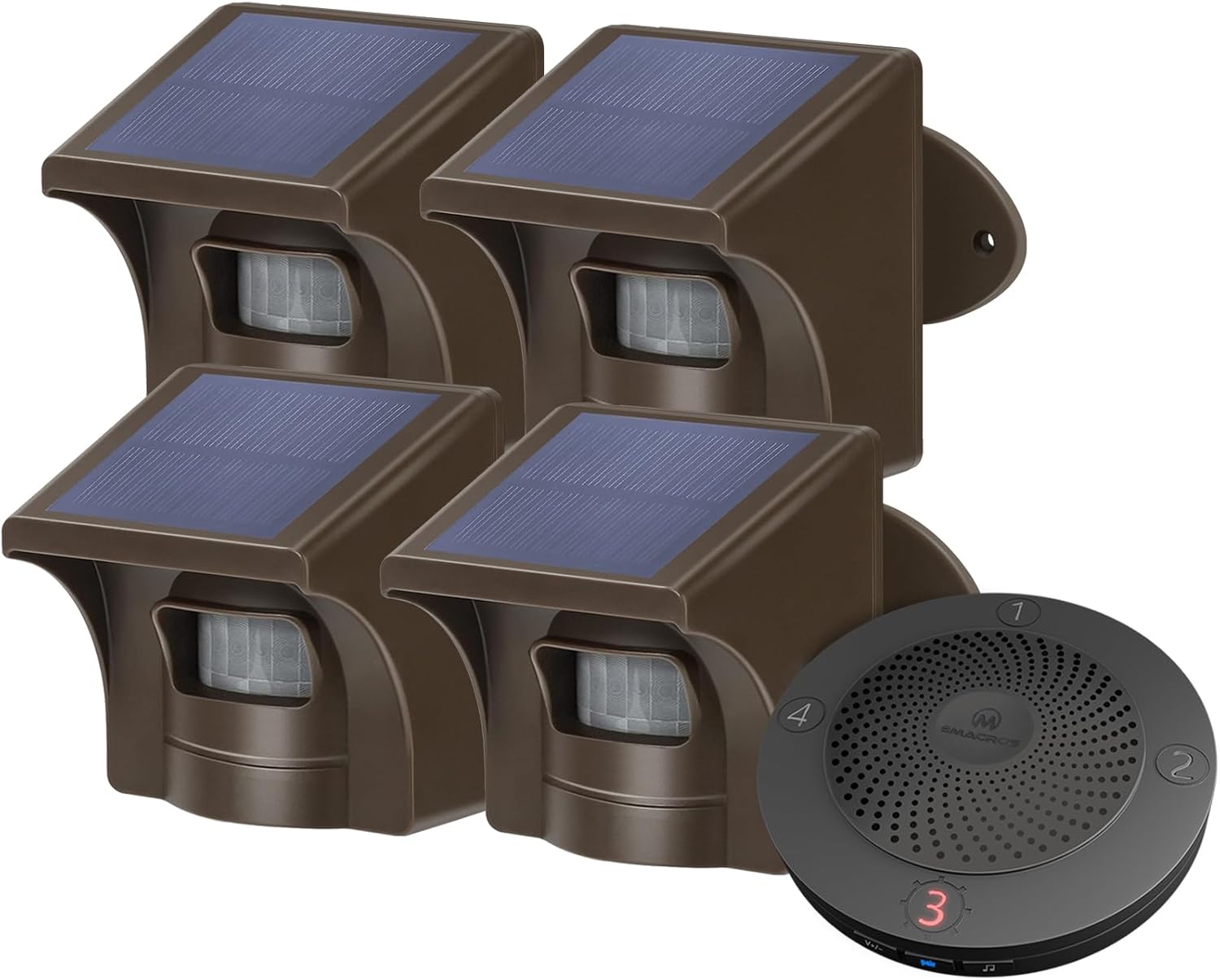 eMACROS Solar Wireless Driveway Alarm — 1/2 Mile Long Range Motion Sensor for Long Driveways, Homes & Large Properties, Outdoor Weatherproof Security Alert System (1 Base Station with 4 Sensors)