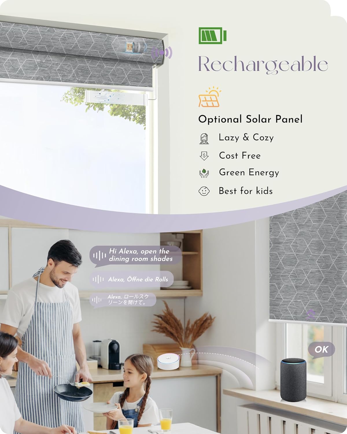 Graywind Motorized Solar Shades Light Filtering Mesh Shade Compatible with Alexa Google Remote Control Window Blinds with Valance for Smart Home Office Business, Custom Size (Solar - 1% Geometry Grey)