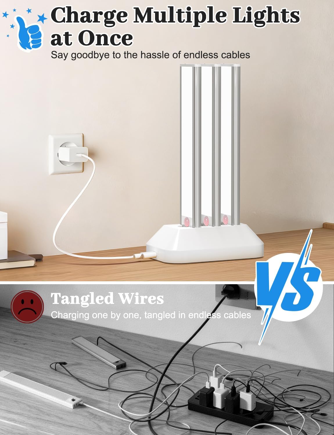 Under Cabinet Lighting with Charging Station, 2000mAh Rechargeable Motion Sensor Light Indoor, 3 Color Tempers Dimmable Closet Lights Wireless, Magnetic Under Cabinet Lights for Kitchen, 3-Pack